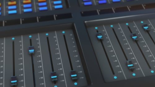 Animated Digital Audio Mixer with Moving Faders and VU Meters