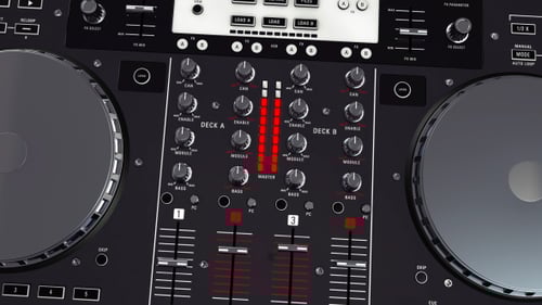 Animated DJ Mixer Controller with Moving Faders and Jog Wheels