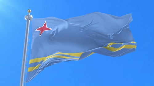 Realistic Waving Flag of Aruba in Bright Blue Sky