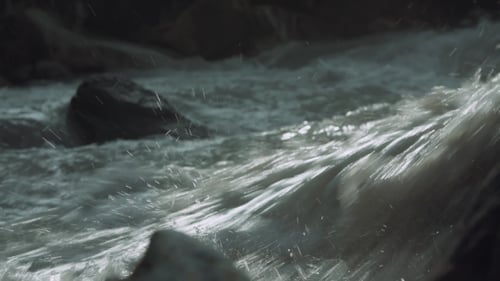 Raging Mountain River Stony Rapids Water Flow with White Splashes