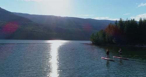 Couple rowing a stand up paddle boad in the river 4k