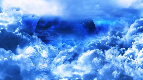 Blue Clouds in Space and Planet with the Big Blue Star