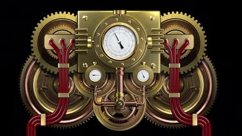 Industrial Steampunk Mechanism with Gears and Gauges Animation
