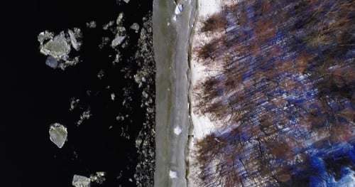 Aerial View Landscape with Trees, Frozen Water, Ice and Snow on the Dnieper River in Kiev