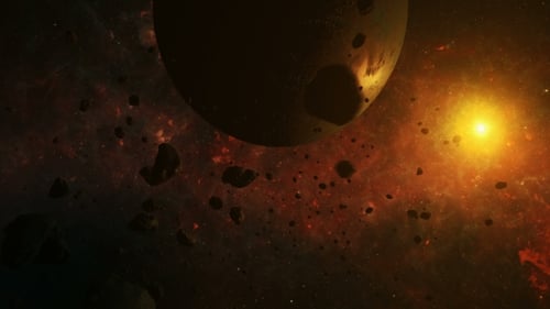 Fliegen im Weltraum zwischen Asteroiden und Planeten
