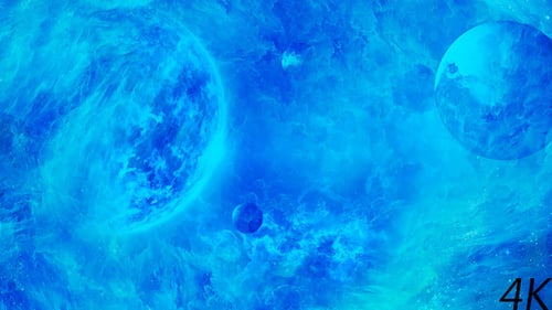 Voler à travers la nébuleuse abstraite de l'espace bleu vers Big Blue Star et les planètes