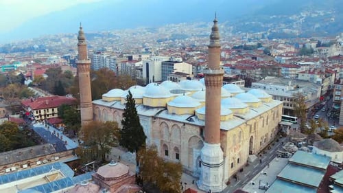 Aerial View of Bursa Historical Grand Mosque with Drone