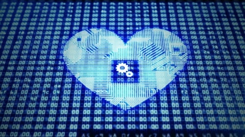 Futuristic Digital Heart with Circuitry and Binary Code