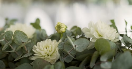 Elegant White Flower and Leaf Bouquet Close Up