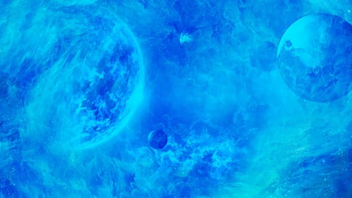 Futuristic Blue Space Background with Rotating Planets and Nebulae