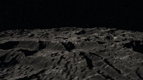 Realistic Moon Surface Flyover to Rotating Moon in Starry Space