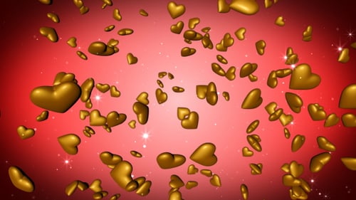 Golden Hearts Floating on Red Background Loop