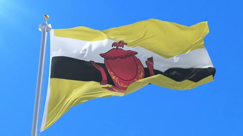 Brunei Flag Waving Realistic Loop on Bright Blue Sky