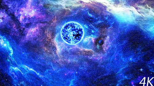 Cosmic Nebula with Pulsating Blue Sphere and Orbiting Planets