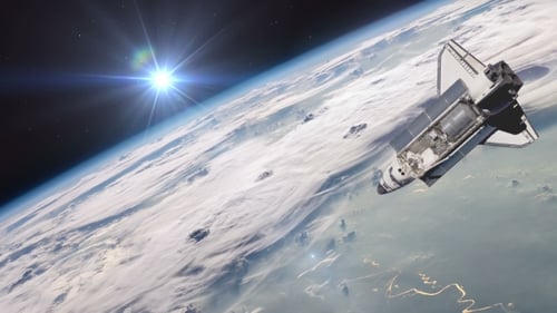 Space Shuttle Orbiting Earth with Sun Lens Flare
