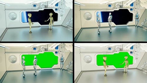 Futuristic Aliens and Robots Talking in Spaceship with Greenscreen