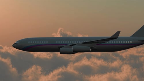 Animated Passenger Airplane Flying Through Clouds in Sunset Sky