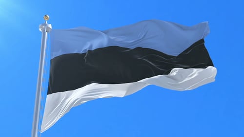 Estonia Flag Waving in Wind with Blue Sky Background