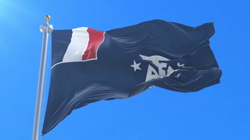 French Southern and Antarctic Lands Flag Waving in Blue Sky