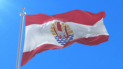 French Polynesia Flag Waving in Realistic Slow Motion with Blue Sky