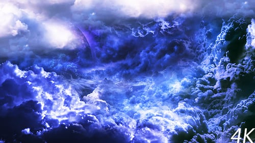 Fliegen durch abstrakte blaue und violette Wolken zum mysteriösen Planeten und Big Star