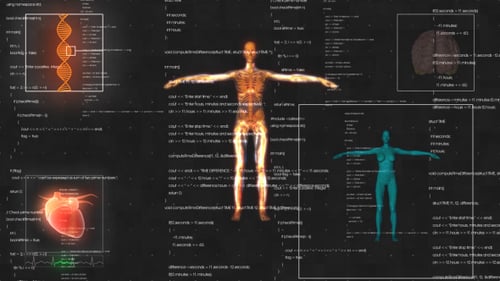 Futuristic Medical Data Display with Human Anatomy and DNA
