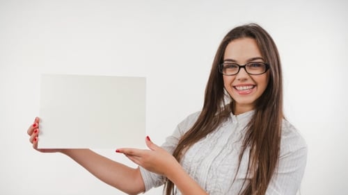 Smiling Woman Holds Blank Sign, White Background