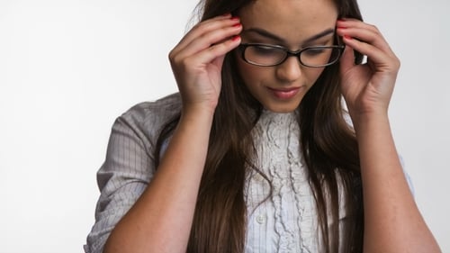 Portrait of Attractive Caucasian Smiling Woman Isolated on White Studio with Glasses
