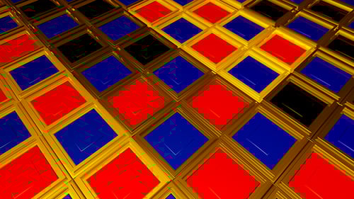 Abstract Geometric Grid Animation with Red Blue and Gold Squares