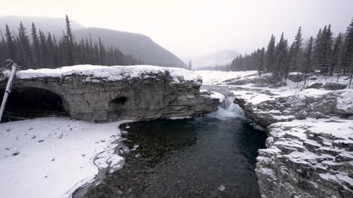 Snowy Winter River Waterfall in Snowstorm