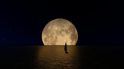 Sailboat on Calm Ocean Under Giant Full Moon
