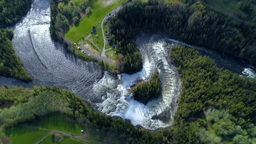 Aerial View of a Powerful Waterfall in Forest