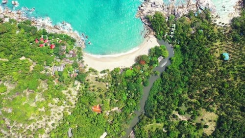 Wide angle aerial abstract view of a sandy white paradise beach and turquoise sea background in 4K