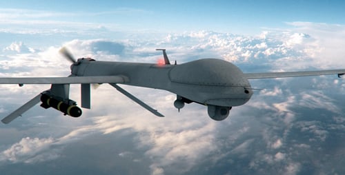 3D Animated Military Drone Flying Above Clouds