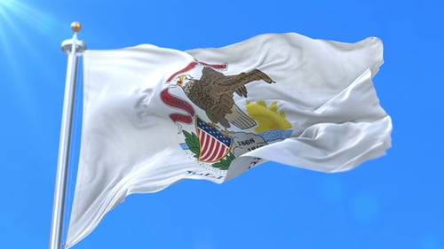 Illinois State Flag Waving with Bright Blue Sky