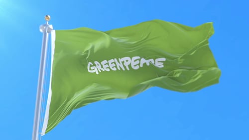 Realistic Greenpeace Flag Waving on Flagpole Against Blue Sky