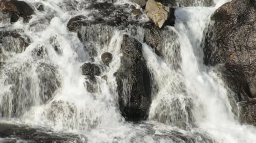 Der schnelle Strom des Mountain River fließt über harte Felsen und schafft kleine Wasserfälle
