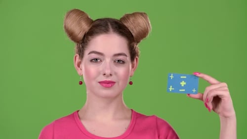 Teenager Advertises a Card. Green Screen.