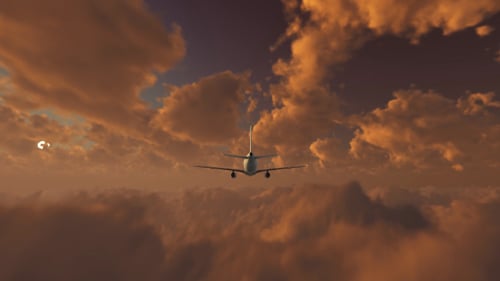 Flugzeug startet bei Sonnenuntergang