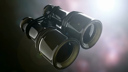 Animated 3D Binoculars Rotating on Dark Background with Lens Flares