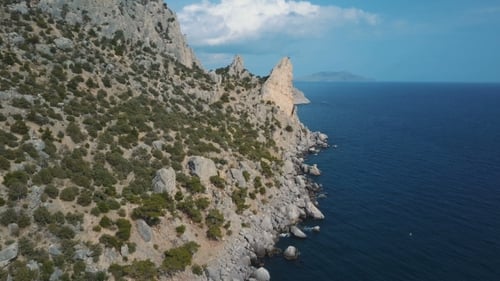 Amazing View of Karaul-oba Mountain in Crimea. Aerial Shot of Amazing Rock Formation.