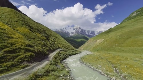 Mountain Valley at the Foot of Mt. Shkhara. Upper Svaneti, Georgia, Europe. Caucasus Mountains.