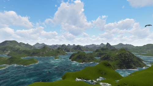 Aerial Flyover Animation of Lush Green Islands and Choppy Water