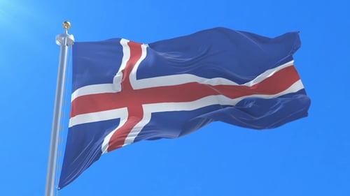 Iceland National Flag Waving Realistically in Blue Sky