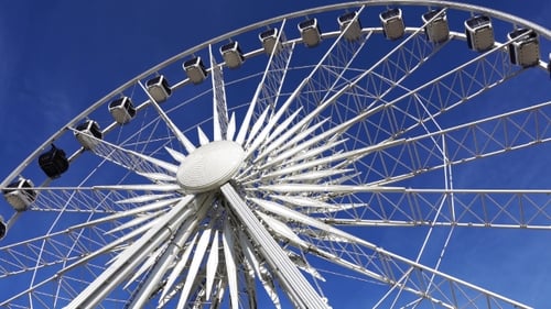 Ferris Wheel Rotating on Blue Sky Background.