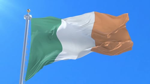 Realistic Irish National Flag Waving Loop on Blue Sky