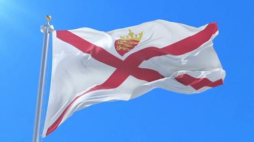 Realistic Jersey Flag Waving Animation Against Blue Sky