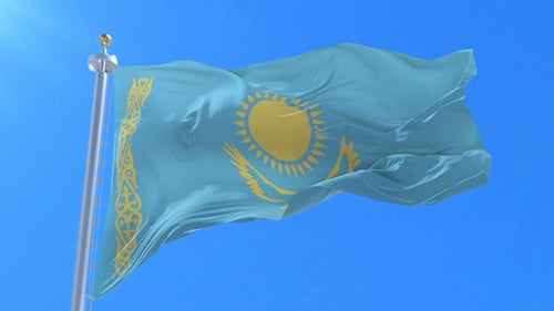 Realistic Kazakhstan National Flag Waving in Clear Blue Sky
