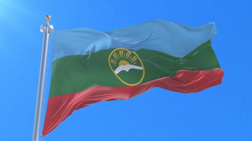 Realistic Waving Flag with Emblem Against Blue Sky