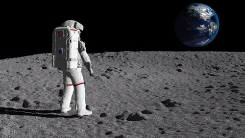 3D Astronaut Walking on Moon Surface with Earth View